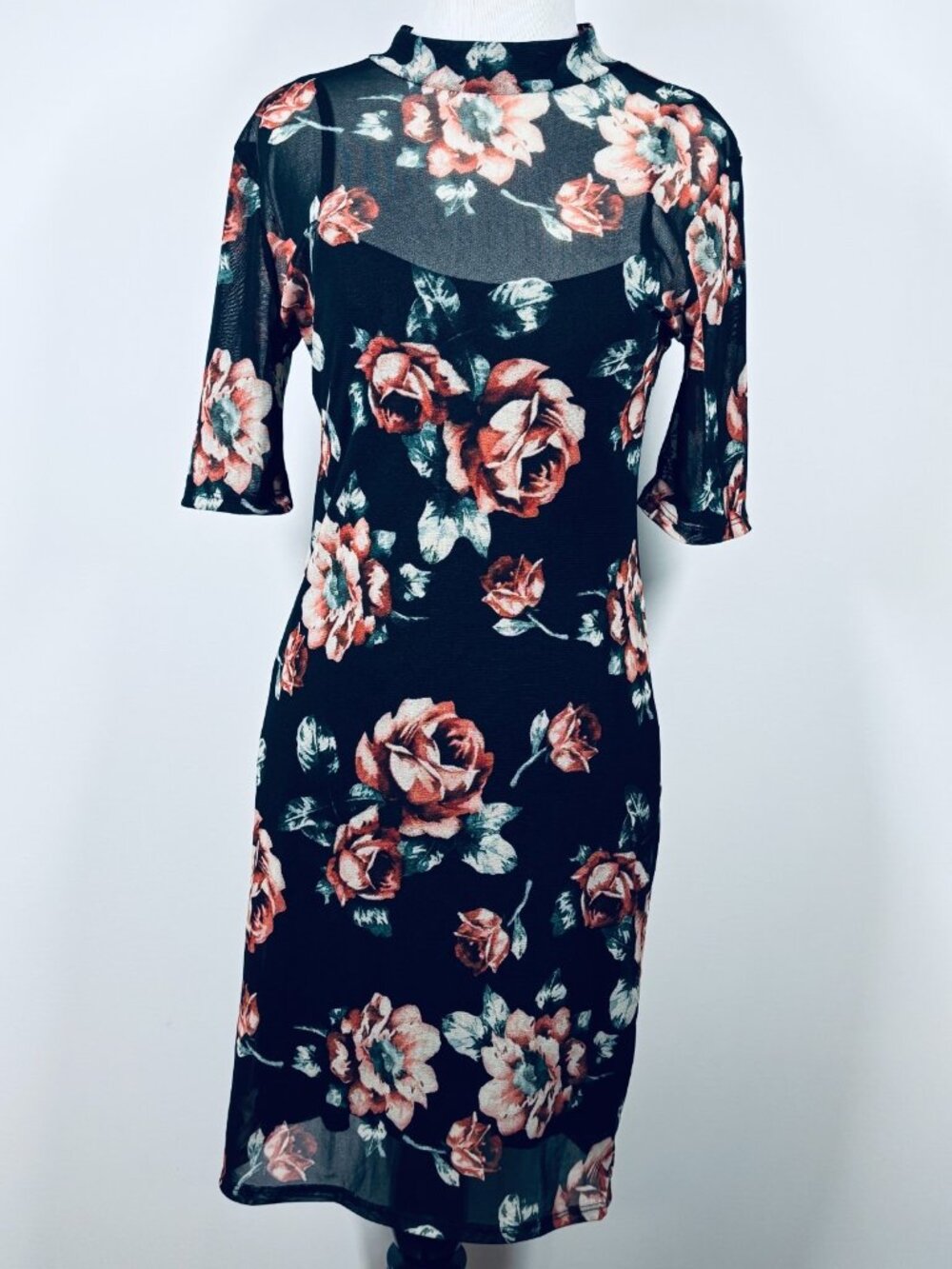 Potter's Pot Bodycon Dress Women Medium Black Red Floral Stretch Mesh 3/4 Sleeve